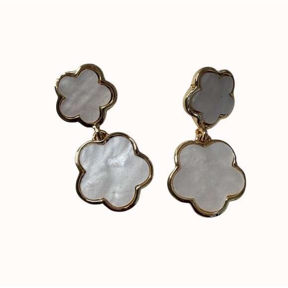 Alahambra Double Drop Earrings White Mother-Of-Pearl Inlay Gold-Tone Setting Mac - Picture 1 of 5